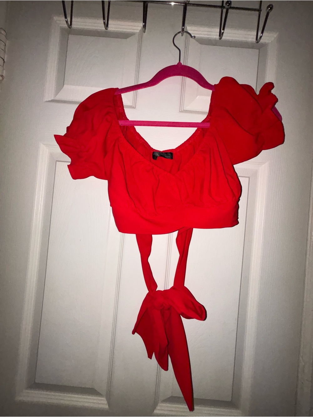Red Puff-Sleeve Tie-Back Crop Top